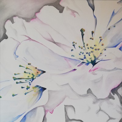 Aquarellbild einer abstrakter Irisblüten in Blautönen